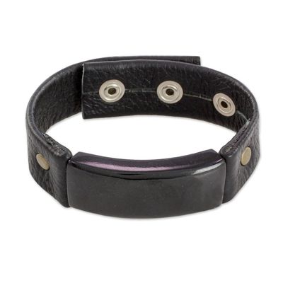 Alternate image for Jade and Leather Wristband Bracelet from Guatemala Black Fortress