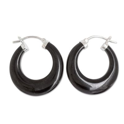 Alternate image for Black Jade and Sterling Silver Hoop Earrings from Guatemala Volcanic Energy
