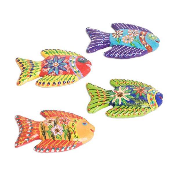 Alternate image for Set of 4 Fish-Themed Hand-Painted Colorful Ceramic Magnets Marine Festival