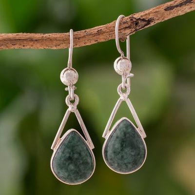Alternate image for Green Jade and Sterling Silver Teardrop Earrings from Mexico Drops of Peace
