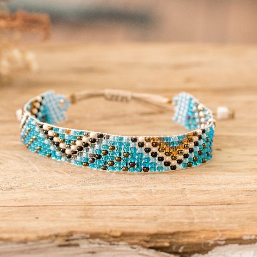 Handmade Sky Blue and Golden Glass Beaded Wristband Bracelet 'Magical Atitlan'