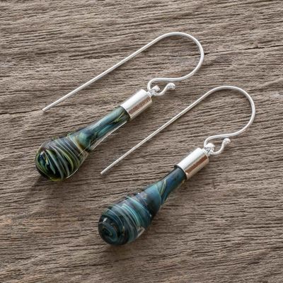 Alternate image for Costa Rica Artisan Crafted Art Glass Earrings with Silver Cool Vortex