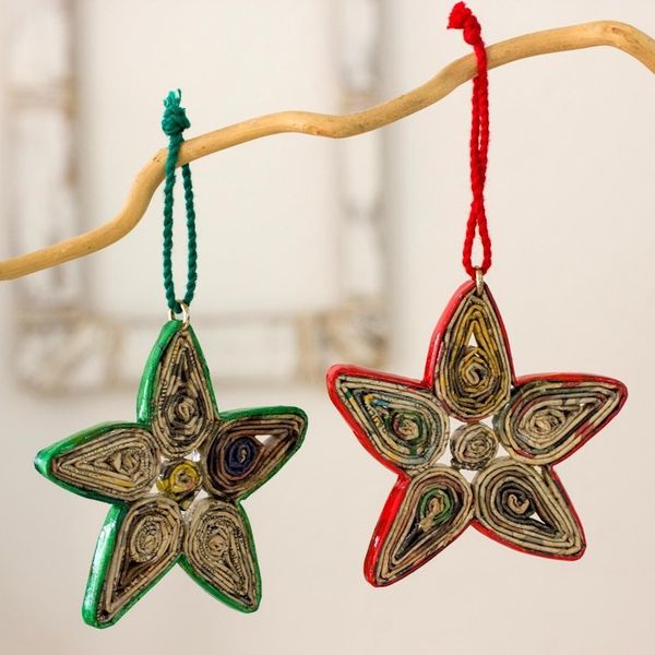 Alternate image for Hand Crafted Recycled Paper Christmas Ornaments Set of 4 Stars of Joy