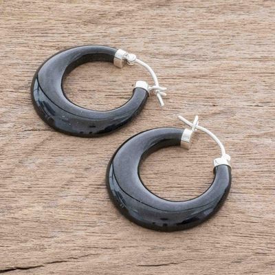 Alternate image for Black Jade and Sterling Silver Hoop Earrings from Guatemala Volcanic Energy