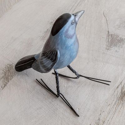 Alternate image for Guatemalan Handcrafted Posable Ceramic Catbird Figurine Grey Catbird