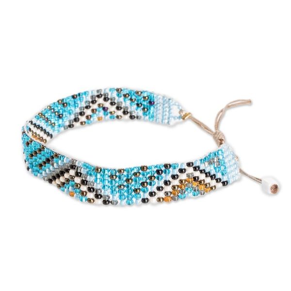 Alternate image for Handmade Sky Blue and Golden Glass Beaded Wristband Bracelet Magical Atitlan