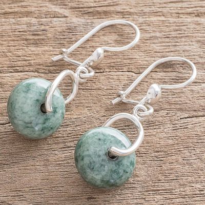 Alternate image for Circular Light Green Jade Dangle Earrings from Guatemala Light Green Wheel of Fortune
