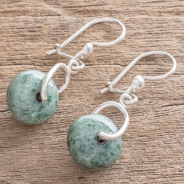 Alternate image for Circular Light Green Jade Dangle Earrings from Guatemala Light Green Wheel of Fortune