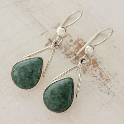 Alternate image for Green Jade and Sterling Silver Teardrop Earrings from Mexico Drops of Peace