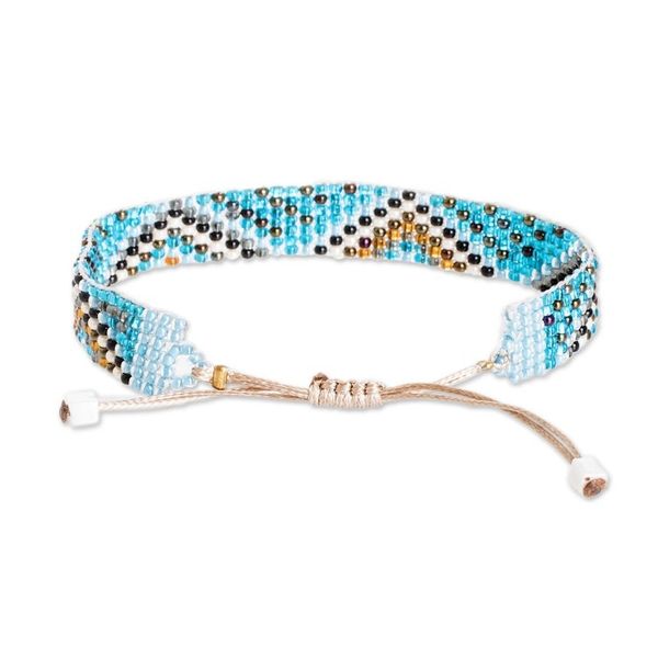 Alternate image for Handmade Sky Blue and Golden Glass Beaded Wristband Bracelet Magical Atitlan
