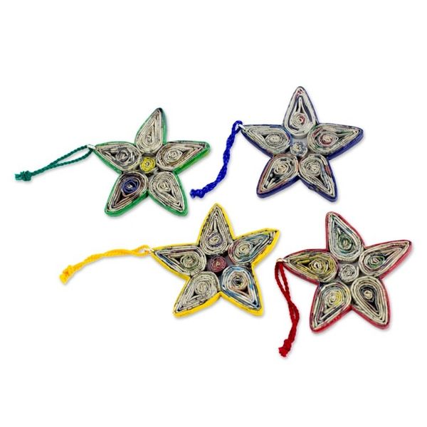Alternate image for Hand Crafted Recycled Paper Christmas Ornaments Set of 4 Stars of Joy