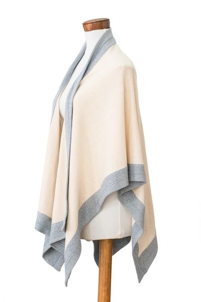 Alternate image for Bordered Ivory and Blue Cotton Ruana Handloomed in Guatemala Island Valley