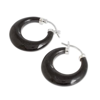 Alternate image for Black Jade and Sterling Silver Hoop Earrings from Guatemala Volcanic Energy