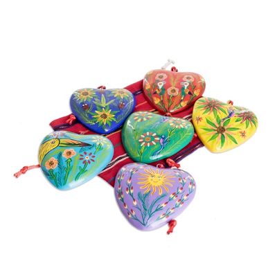 Alternate image for Set of 6 Hand-Painted Ceramic Ornaments with Cotton Bag Hearts of Nature