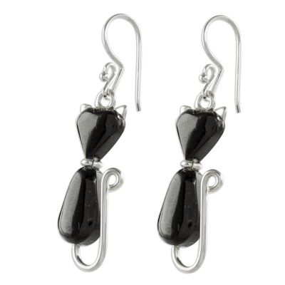Alternate image for Jade Cat Dangle Earrings in Black from Guatemala Cats of Love in Black