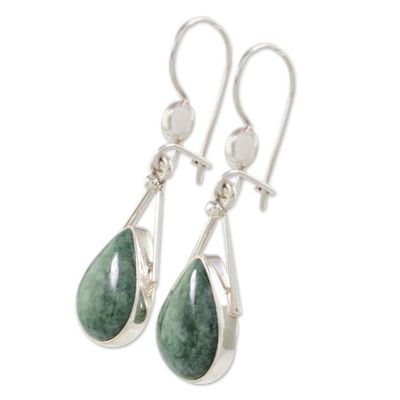 Alternate image for Green Jade and Sterling Silver Teardrop Earrings from Mexico Drops of Peace