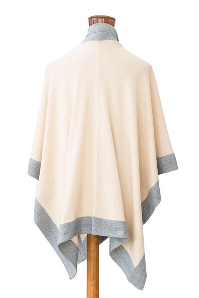 Alternate image for Bordered Ivory and Blue Cotton Ruana Handloomed in Guatemala Island Valley