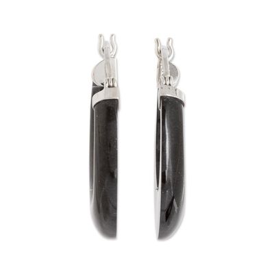 Alternate image for Black Jade and Sterling Silver Hoop Earrings from Guatemala Volcanic Energy