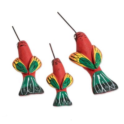 Alternate image for Set of 3 Hummingbird-shaped Hand-painted Ceramic Figurines Red Hummingbird Family