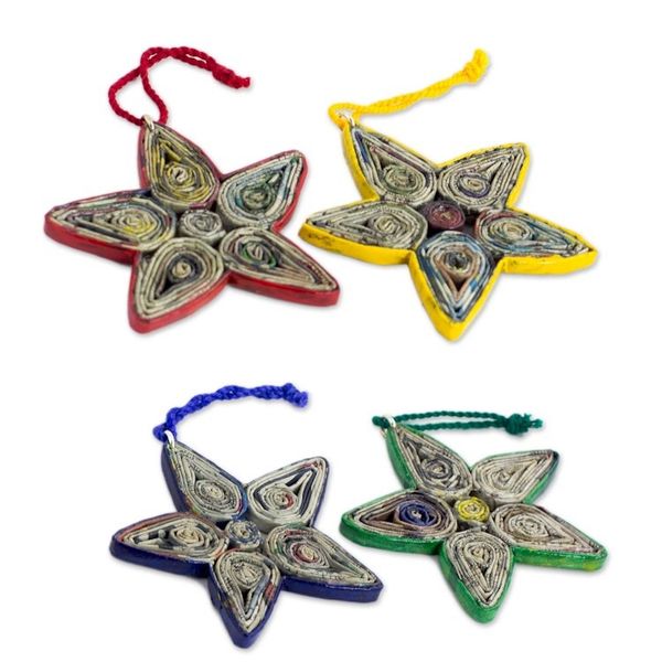 Alternate image for Hand Crafted Recycled Paper Christmas Ornaments Set of 4 Stars of Joy