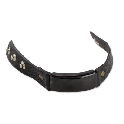Alternate image for Jade and Leather Wristband Bracelet from Guatemala Black Fortress