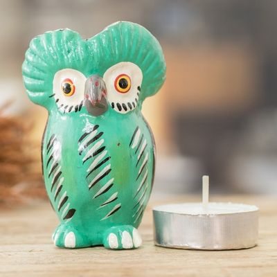 Alternate image for Green Ceramic Owl Figurine Handmade and Painted in Guatemala Adorable Tecolote