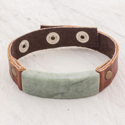 Alternate image for Mens Leather Wristband Bracelet with Light Green Jade Light Green Maya Fortress