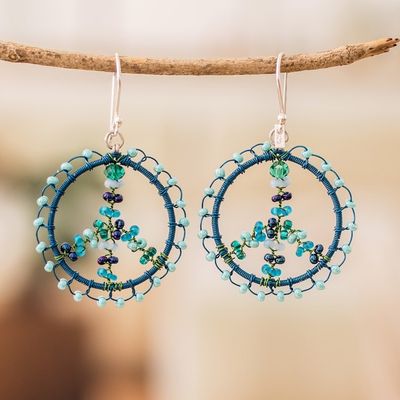 Alternate image for Inspirational Blue Crystal and Glass Beaded Dangle Earrings Peace  Blue Love