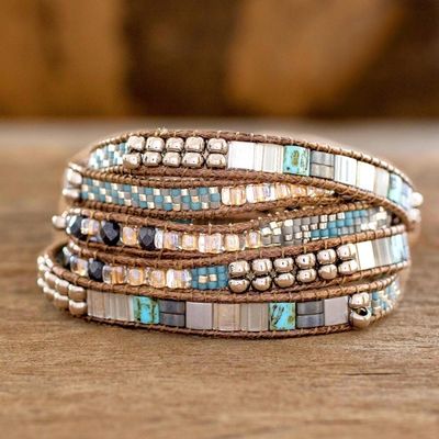 Alternate image for Turquoise and Beige Guatemalan Glass Beaded Wrap Bracelet Beachcomber
