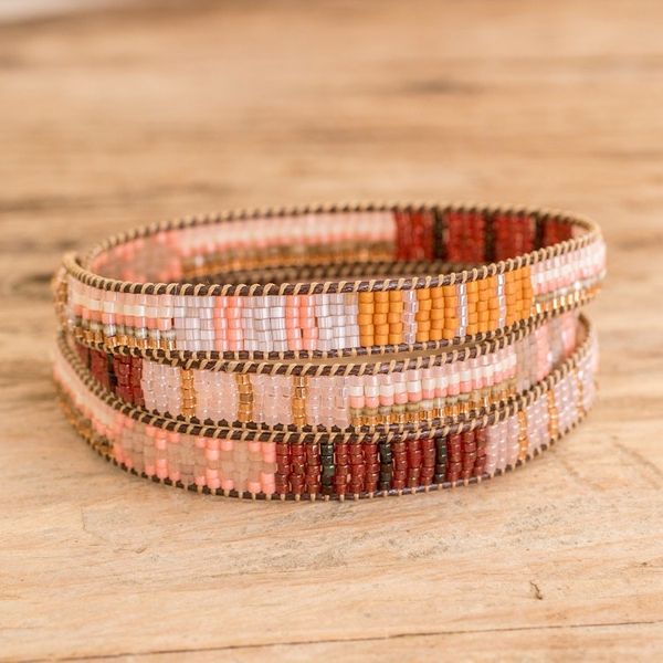 Alternate image for Handcrafted Glass Beaded Wrap Bracelet in Warm Palette Geometric Illumination