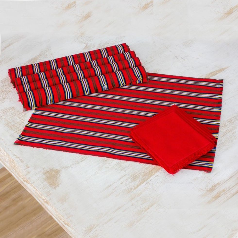 Set of 6 Striped Cotton Placemats and Napkins in Crimson 'Palop Trails'