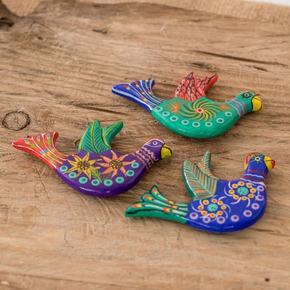 3 Dove Ceramic Magnets with Hand-Painted Floral Accents 'Cheerful Doves'