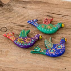 Image for 3 Dove Ceramic Magnets with Hand-Painted Floral Accents Cheerful Doves
