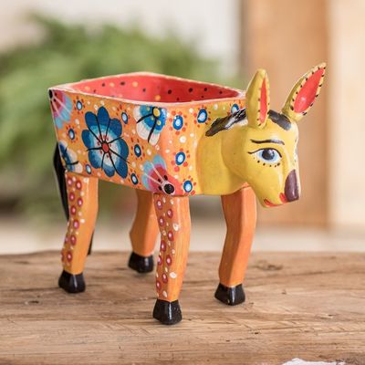 Alternate image for Handmade and Hand-painted Pine Wood Decorative Bowl Horse with Flowers