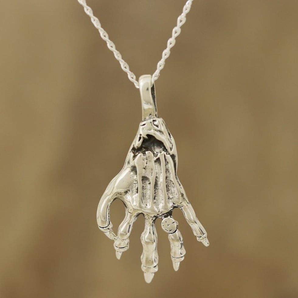 Skeleton Hand Sterling Silver Pendant Necklace from India 'Mighty Hand'