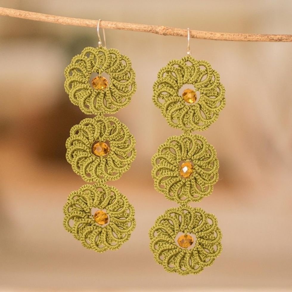Guatemalan Hand-Tatted Floral Dangle Earrings in Green 'Green Paradise'