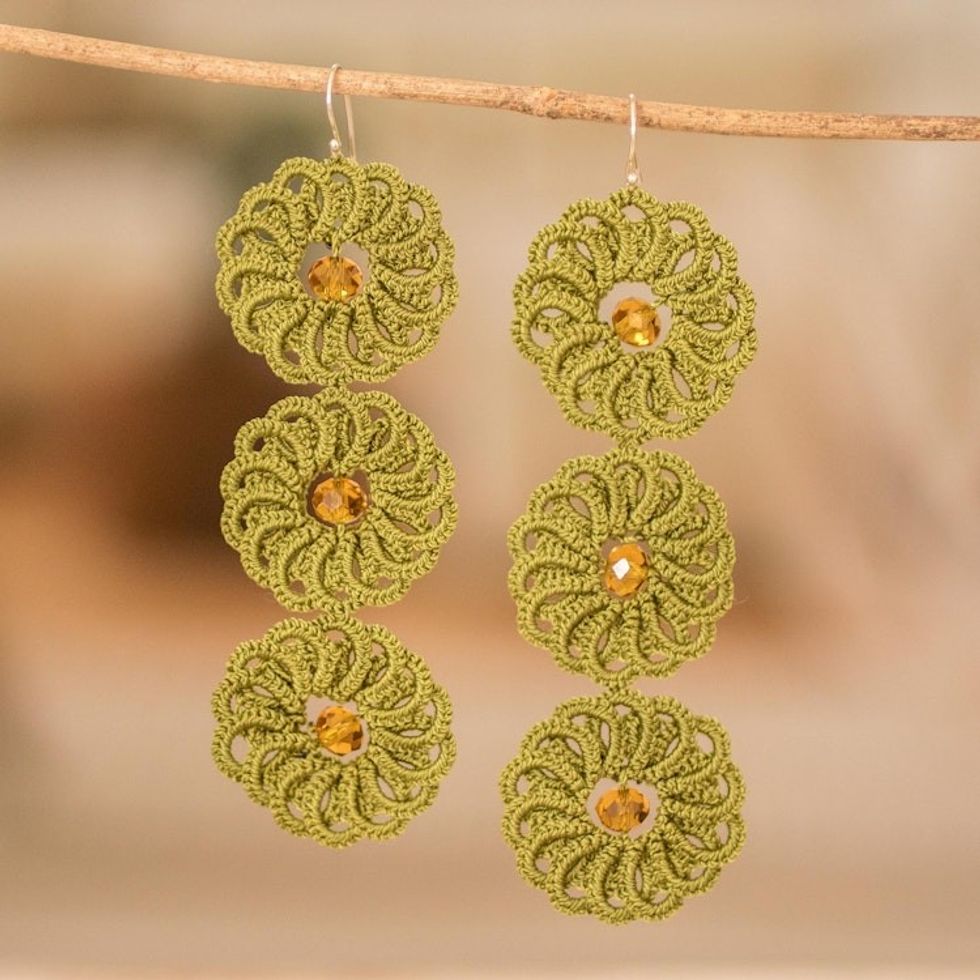 Guatemalan Hand-Tatted Floral Dangle Earrings in Green 'Green Paradise'