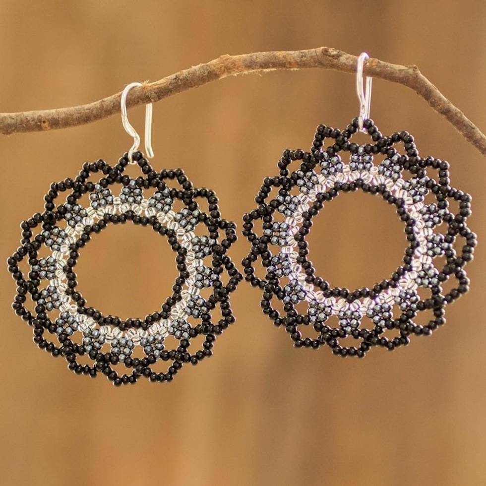 Black Metallic and Clear Beaded Dangle Earrings 'Shadow Glow'
