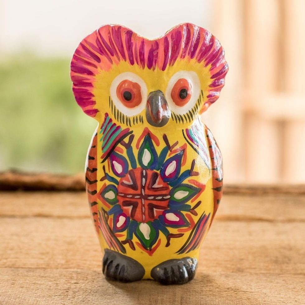 Decorated Yellow Ceramic Owl Figure with Geometric Design 'Sunrise Owl'