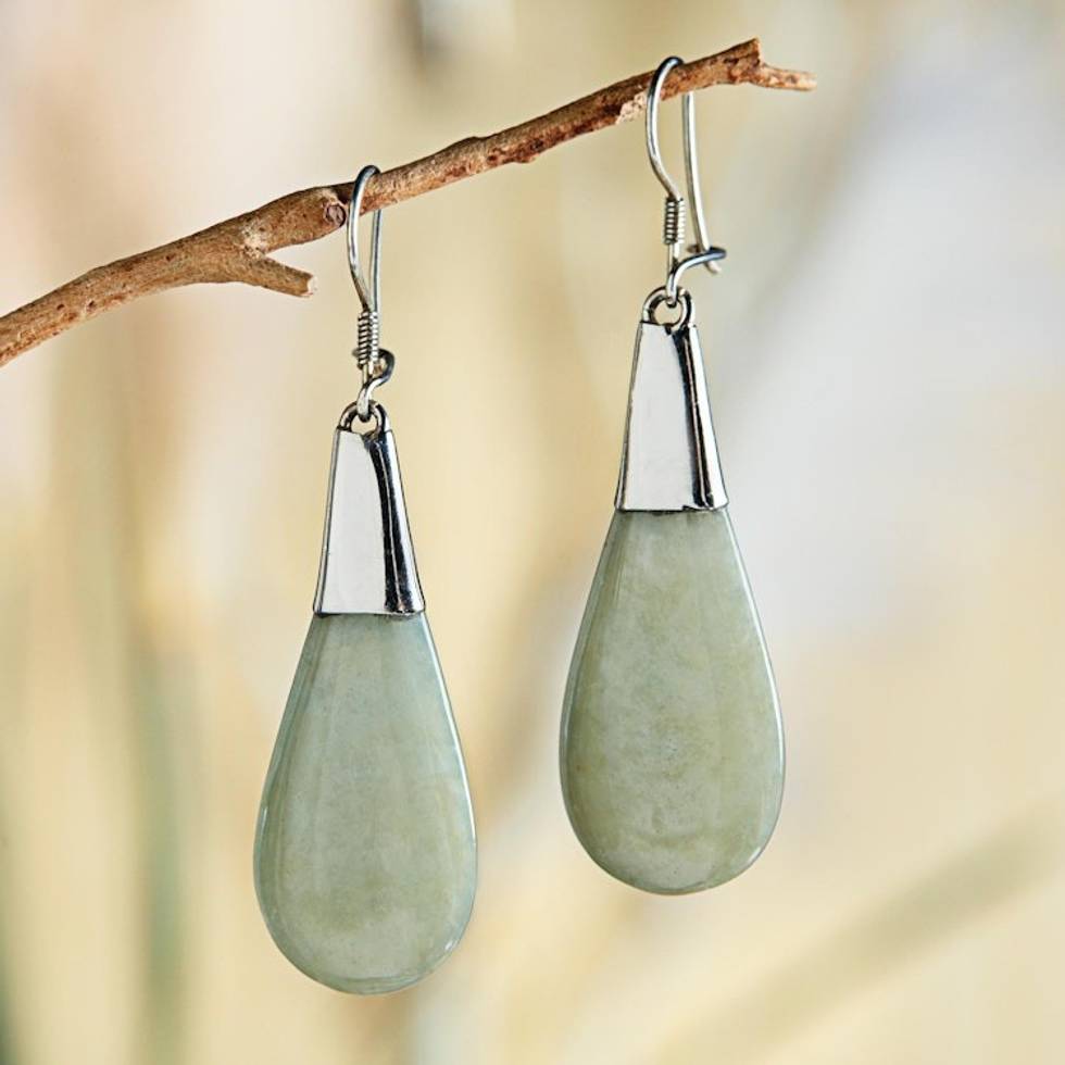 Pale Green Jade and Sterling Silver Teardrop Dangle Earrings 'Subtle Dewdrops'