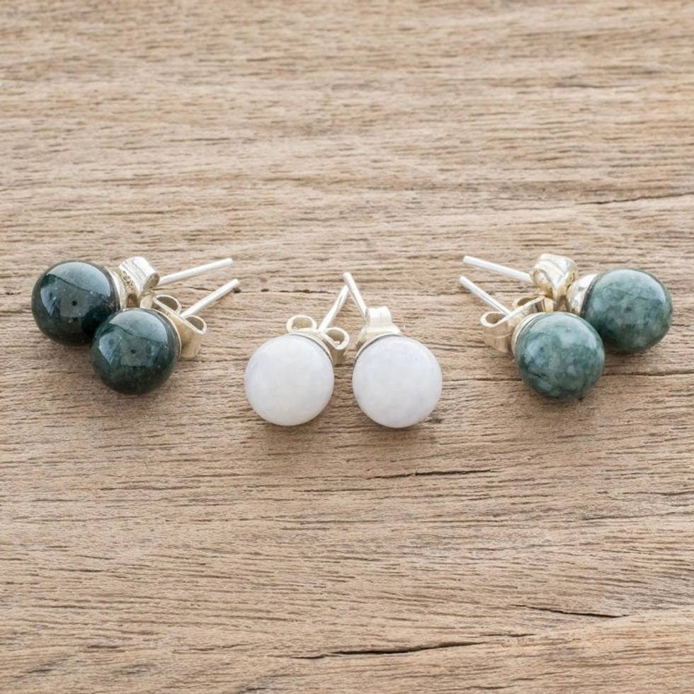 Handmade Sterling Silver Jade Stud Earrings Set of 3 'Maya Moons'