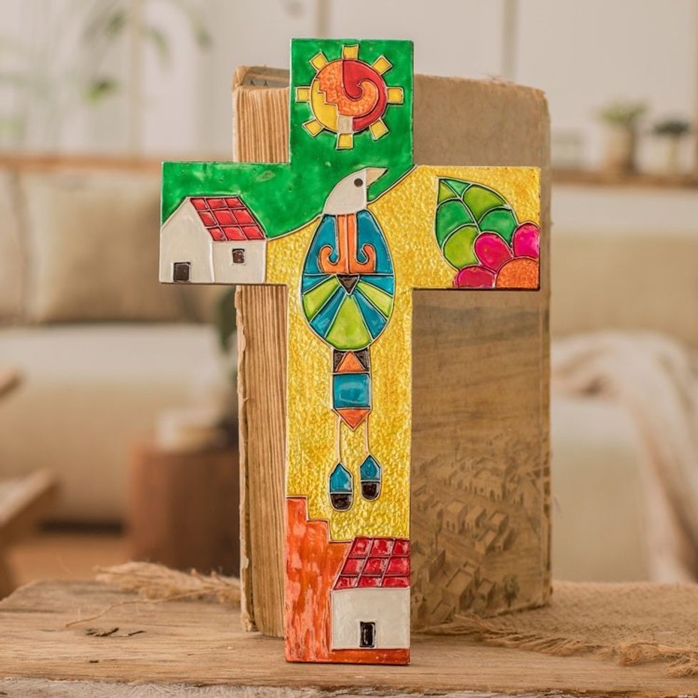 Hand-Painted Classic Folk Art Pinewood and Aluminum Cross 'Peace for the Planet'