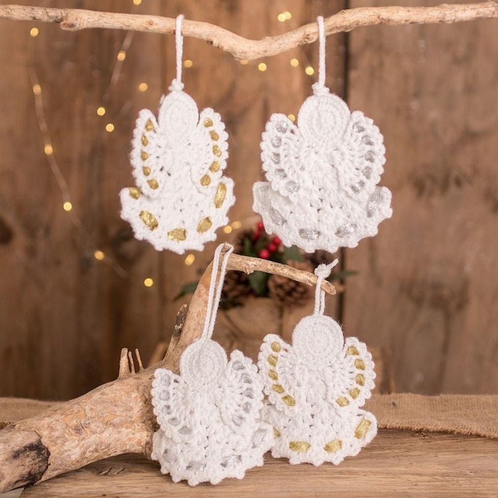 Hand-Crocheted Angel Ornaments in White Set of 4 'Light and Peace'