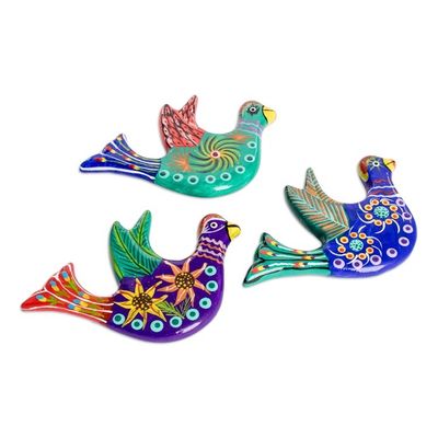 Alternate image for 3 Dove Ceramic Magnets with Hand-Painted Floral Accents Cheerful Doves