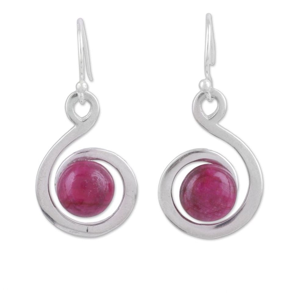 Handmade Ruby and Sterling Silver Dangle Earrings from India 'Crimson Swirl'
