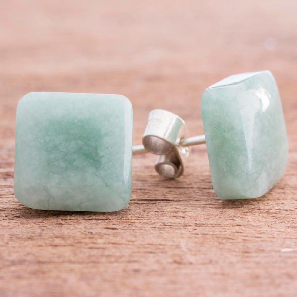 Apple Green Square Jade Stud Earrings from Guatemala 'Simply Luxurious'