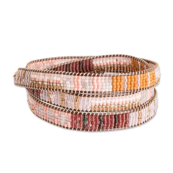 Alternate image for Handcrafted Glass Beaded Wrap Bracelet in Warm Palette Geometric Illumination