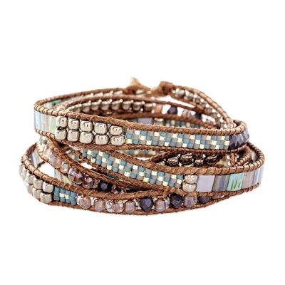 Alternate image for Turquoise and Beige Guatemalan Glass Beaded Wrap Bracelet Beachcomber