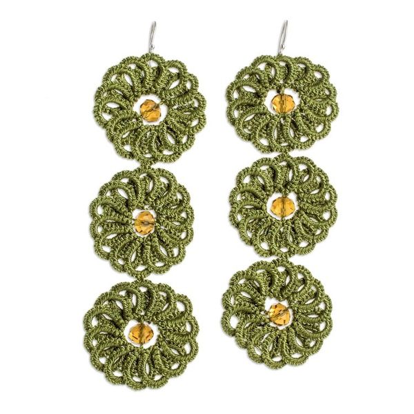 Alternate image for Guatemalan Hand-Tatted Floral Dangle Earrings in Green Green Paradise