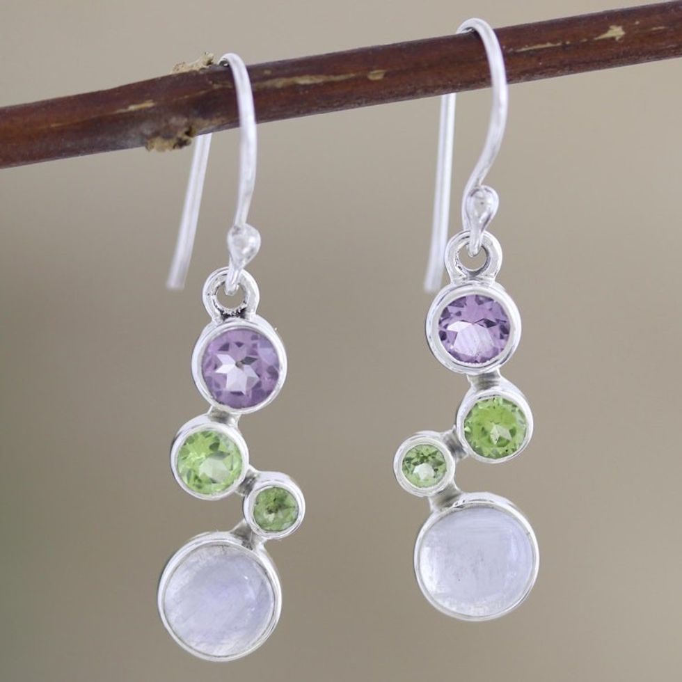 Peridot and Rainbow Moonstone Dangle Earrings 'Sparkling Path'